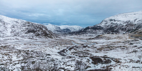 Snowy scenery from train from Bergen to Oslo in Norway