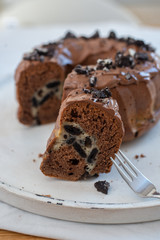 home made Chocolate Oreo Bundt Cake on a table
