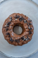 home made Chocolate Oreo Bundt Cake on a table