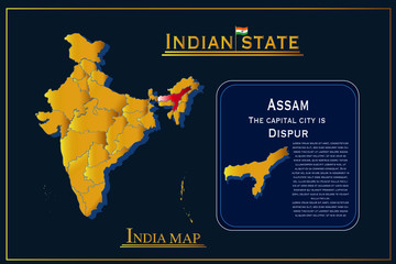 Obraz na płótnie Canvas Detailed vector India country outline border map on background.Assam state