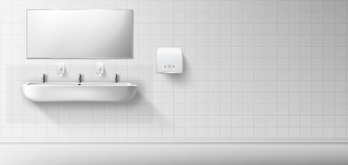 Public toilet with white ceramic sink and mirror. Vector realistic interior of empty restroom with washbasin and hand dryer on white tiled wall. Illustration of lavatory, WC
