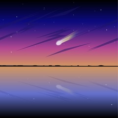 Night landscape. Sky, stars, clouds, dark silhouettes of the coast and a shining comet in the dark sky