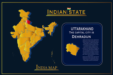 Obraz na płótnie Canvas Detailed vector India country outline border map on background.Uttarakhand state
