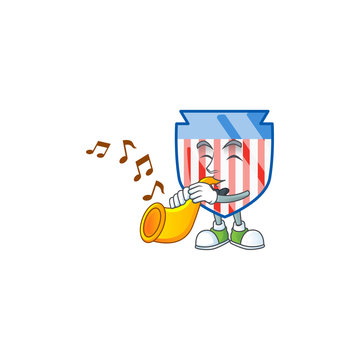 cartoon character style of USA stripes shield playing a trumpet