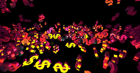 Obraz premium Golden 3d dollar symbols falling in neon lights falling. Finance event background. 3D render 3D illustration