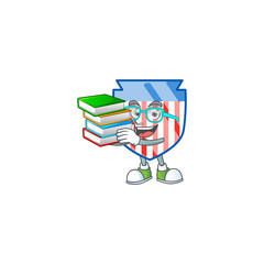A brainy clever cartoon character of USA stripes shield studying with some books