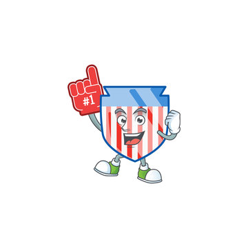 A cartoon design of USA stripes shield holding a Foam finger
