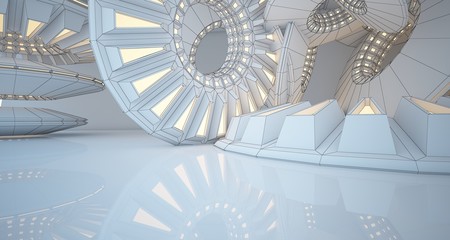Abstract drawing architectural background. White interior with discs and neon lighting. 3D illustration and rendering.