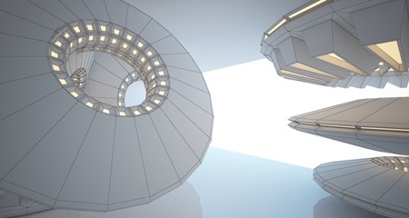 Abstract drawing architectural background. White interior with discs and neon lighting. 3D illustration and rendering.