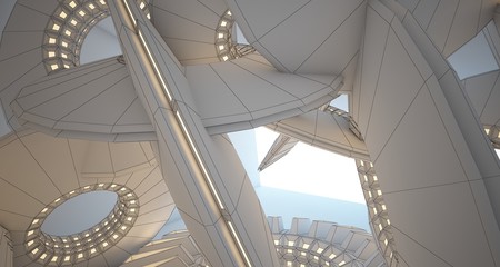 Obraz premium Abstract drawing architectural background. White interior with discs and neon lighting. 3D illustration and rendering.