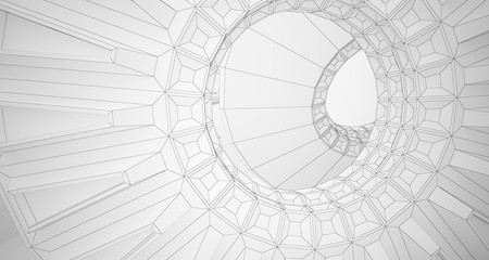 Abstract drawing architectural background. White interior with discs. 3D illustration and rendering.