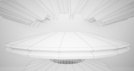 Abstract drawing architectural background. White interior with discs. 3D illustration and rendering.