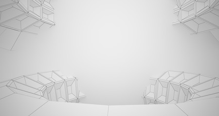 Abstract drawing architectural background. White interior with discs. 3D illustration and rendering.