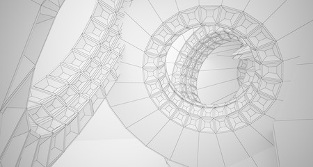 Abstract drawing architectural background. White interior with discs. 3D illustration and rendering.