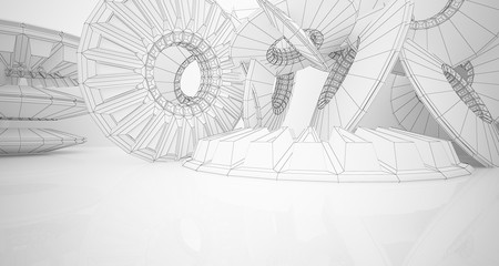 Abstract drawing architectural background. White interior with discs. 3D illustration and rendering.