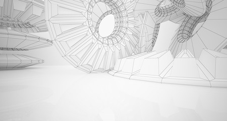 Abstract drawing architectural background. White interior with discs. 3D illustration and rendering.