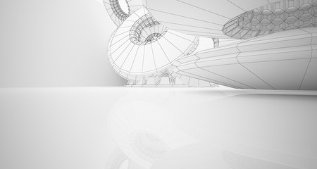 Abstract drawing architectural background. White interior with discs. 3D illustration and rendering.