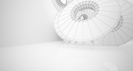Abstract drawing architectural background. White interior with discs. 3D illustration and rendering.