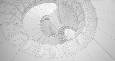 Abstract drawing architectural background. White interior with discs. 3D illustration and rendering.