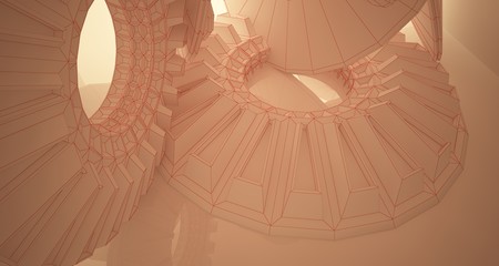 Abstract drawing architectural background. White interior with discs and sunlight. 3D illustration and rendering.