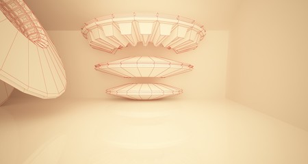 Abstract drawing architectural background. White interior with discs and sunlight. 3D illustration and rendering.