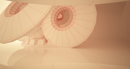 Abstract drawing architectural background. White interior with discs and sunlight. 3D illustration and rendering.