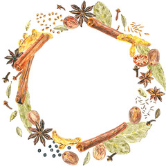 Frame and background with spices on a white background. Drawing with colored pencils.