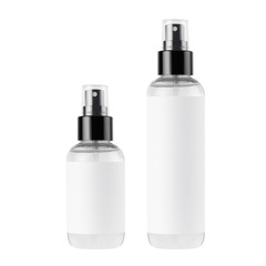Tall, low transparent spray dispenser bottle for cosmetics with white label, isolated, mock up for branding,  presentation, design.