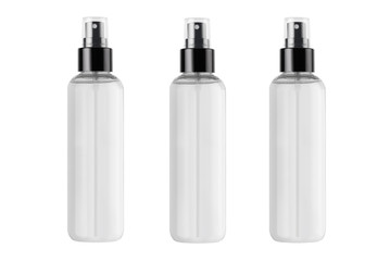 Tall transparent spray dispenser bottles for cosmetics product collection with liquid in a row, isolated, mock up for design.