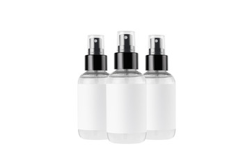 Spray bottles for cosmetics product with white blank label isolated on white background, mock up for branding, advertising, presentation, design.