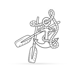 Doodle sea colorong with paddle, rope and anchor. Outline antistress pattern. Vector stock illustration