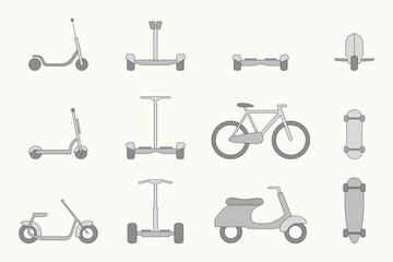 Eco-friendly transport Icons set - Vector color symbols of scooter, monowheel, hoverboard, bicycle and skateboard for the site or interface © Pavel-reDesign