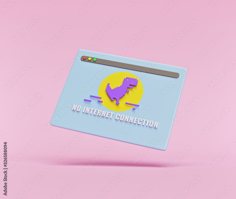 Poster no internet connection concept with pixelated dinosaur icon, isolated on pastel pink background. min