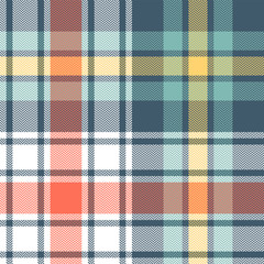 Tartan plaid pattern background. Seamless bright multicolored herringbone check plaid graphic in blue, green, coral, and yellow for scarf, blanket, throw, duvet cover, or other winter fabric design.