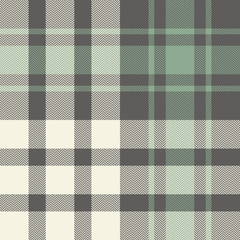 Plaid pattern seamless vector texture. Herringbone tartan check plaid background in grey, soft green, and off white for blanket, throw, duvet cover, or other winter or spring textile design.