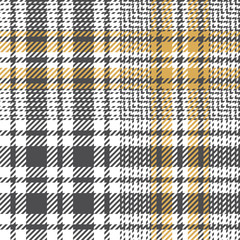 Plaid pattern seamless tartan vector background in grey, gold, and white. Glen abstract check plaid for jacket, coat, skirt, blanket, or other spring, summer, autumn, and winter tweed textile.