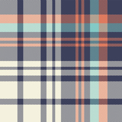 Tartan plaid pattern. Seamless multicolored herringbone check plaid graphic in blue, orange, turquoise, and off white for scarf, flannel shirt, blanket, duvet cover, or other winter fabric design.