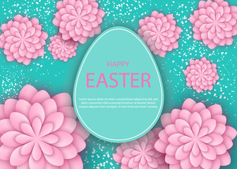 Blue easter frame. Holiday background for design card, banner,ticket, leaflet and so on. Easter abstraction, pink flowers. Vector.