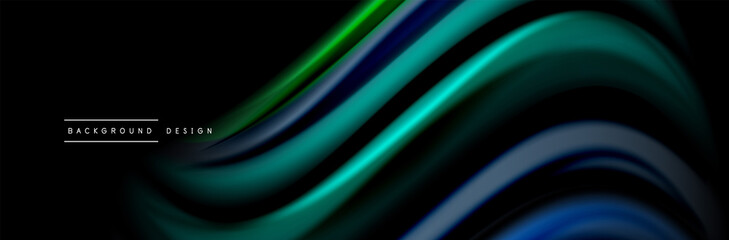 Silk and smooth flow wave poster design. Color waves, liquid style lines and shapes in black color background