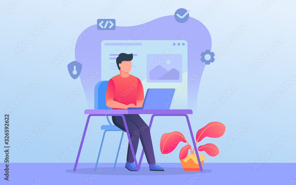 Poster website developer or graphic designer work with laptop on desk table