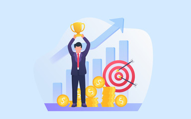 business success concept with businessman lifting trophy with target goals and money as background