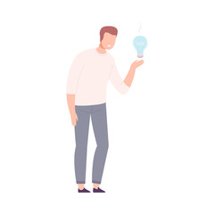 Businessman Character Having No Idea, Stressful Person Holding Off Light Bulb Flat Vector Illustration