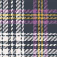Seamless check plaid pattern. Spring, summer, and autumn tartan plaid background in grey, purple pink, gold yellow, and off white for flannel shirt, blanket, duvet cover, or other modern textile print