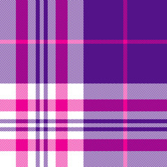 Plaid pattern seamless vector background in bright purple, pink, and white. Herringbone pixel check plaid for scarf, blanket, or other autumn, winter, and spring modern fashion textile design.