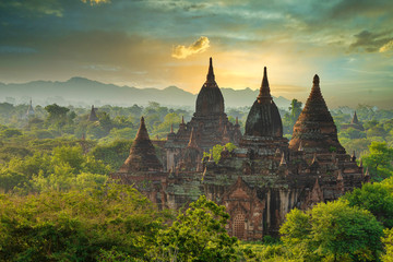 A large ancient pagoda which is Burmese architecture in the World Heritage Site in the morning of Bagan, Myanmar.