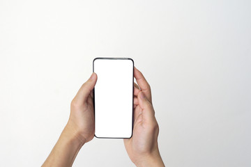 Hand Holding a blank of phone isolated on a white background.