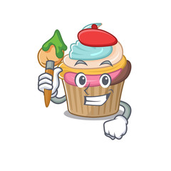 A cute picture of rainbow cupcake as an Artist having a brush
