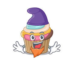 cartoon mascot of funny rainbow cupcake dressed as an Elf