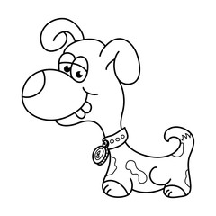 Illustration of a cute puppy, wearing a collar with a dog tag. Coloring book