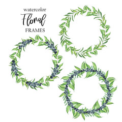 Watercolor set of wreaths with greens and berries on a white background.